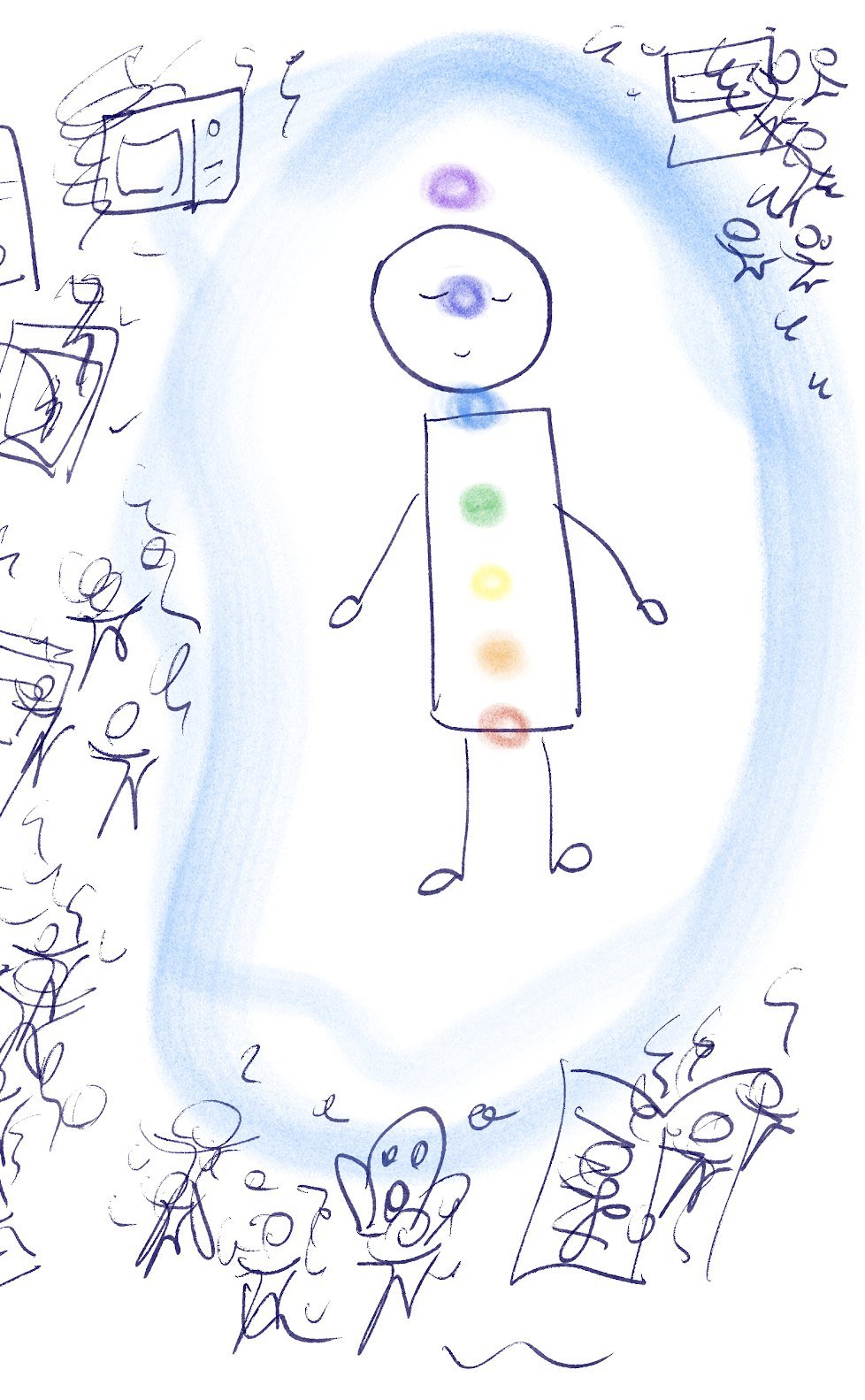Hand-drawn illustration: the same figure with bright chakras inside a calm blue field, with the clutter kept at a distance