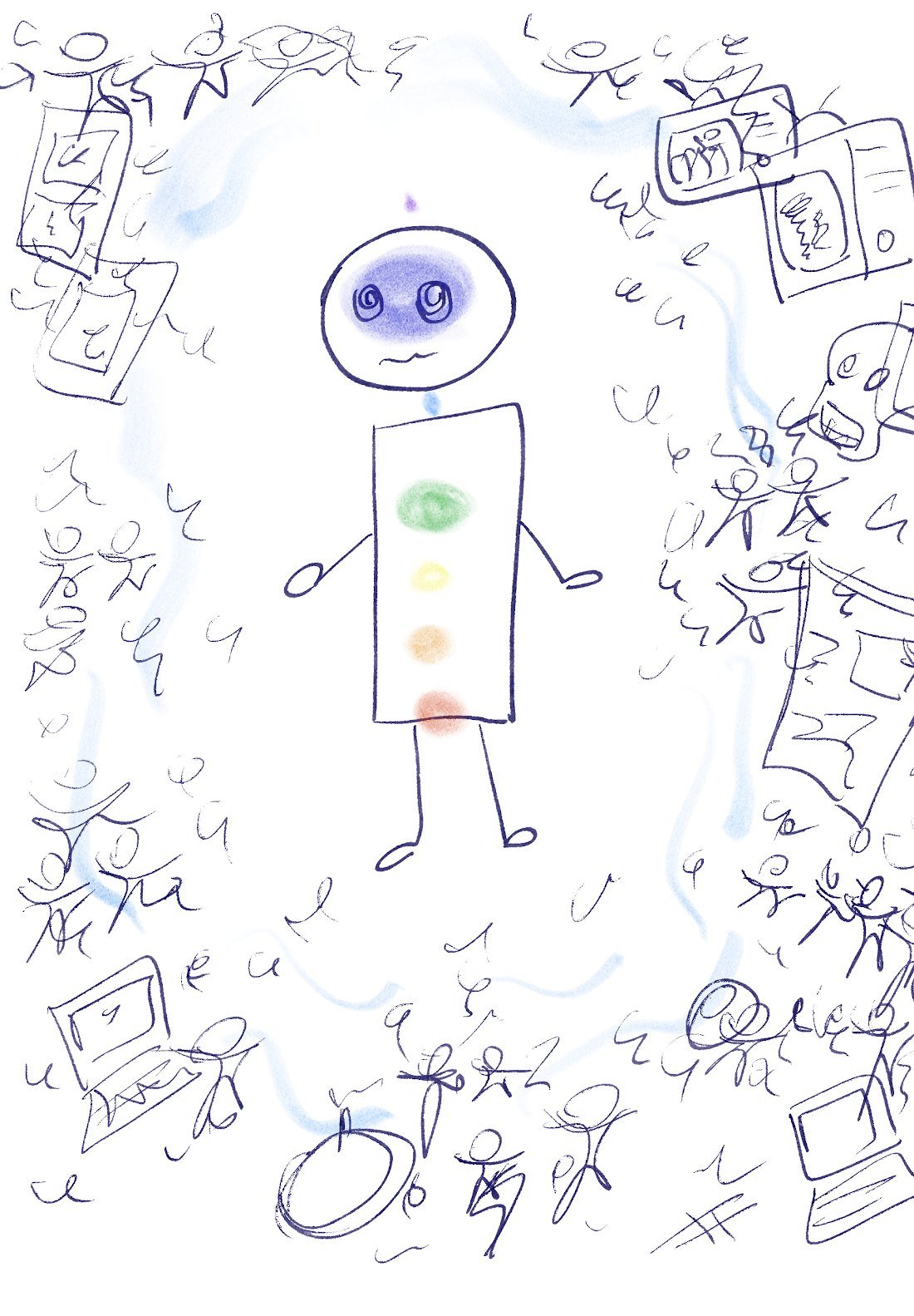 Hand-drawn illustration: a figure with its chakras dim, surrounded by scribbled screens, people and clutter